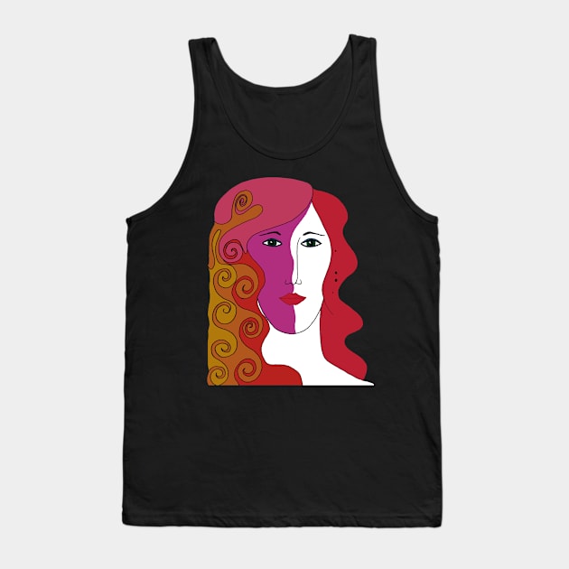 Woman's Face with Red, Pink and Orange Colored Hair Tank Top by karenmcfarland13